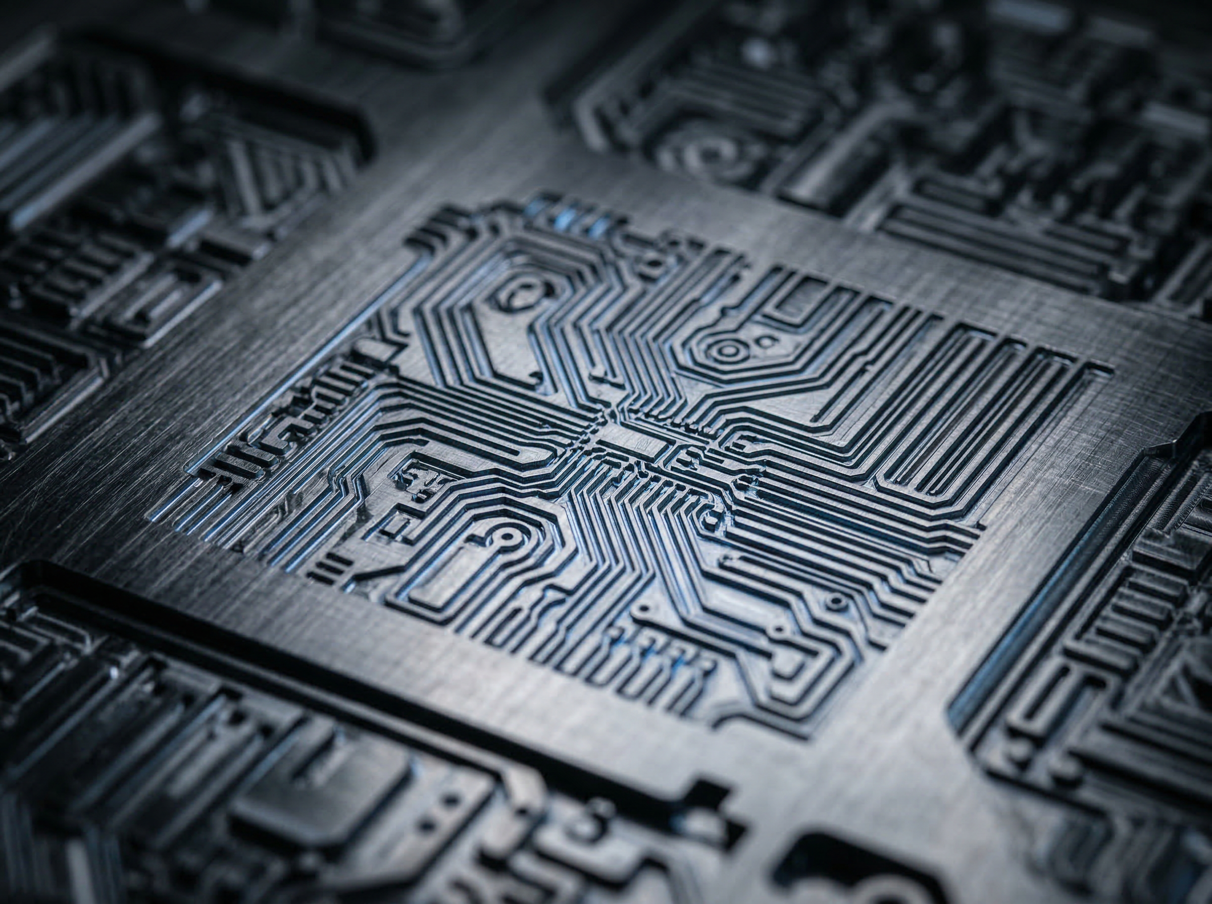 Precision-machined circuit patterns on brushed steel surface