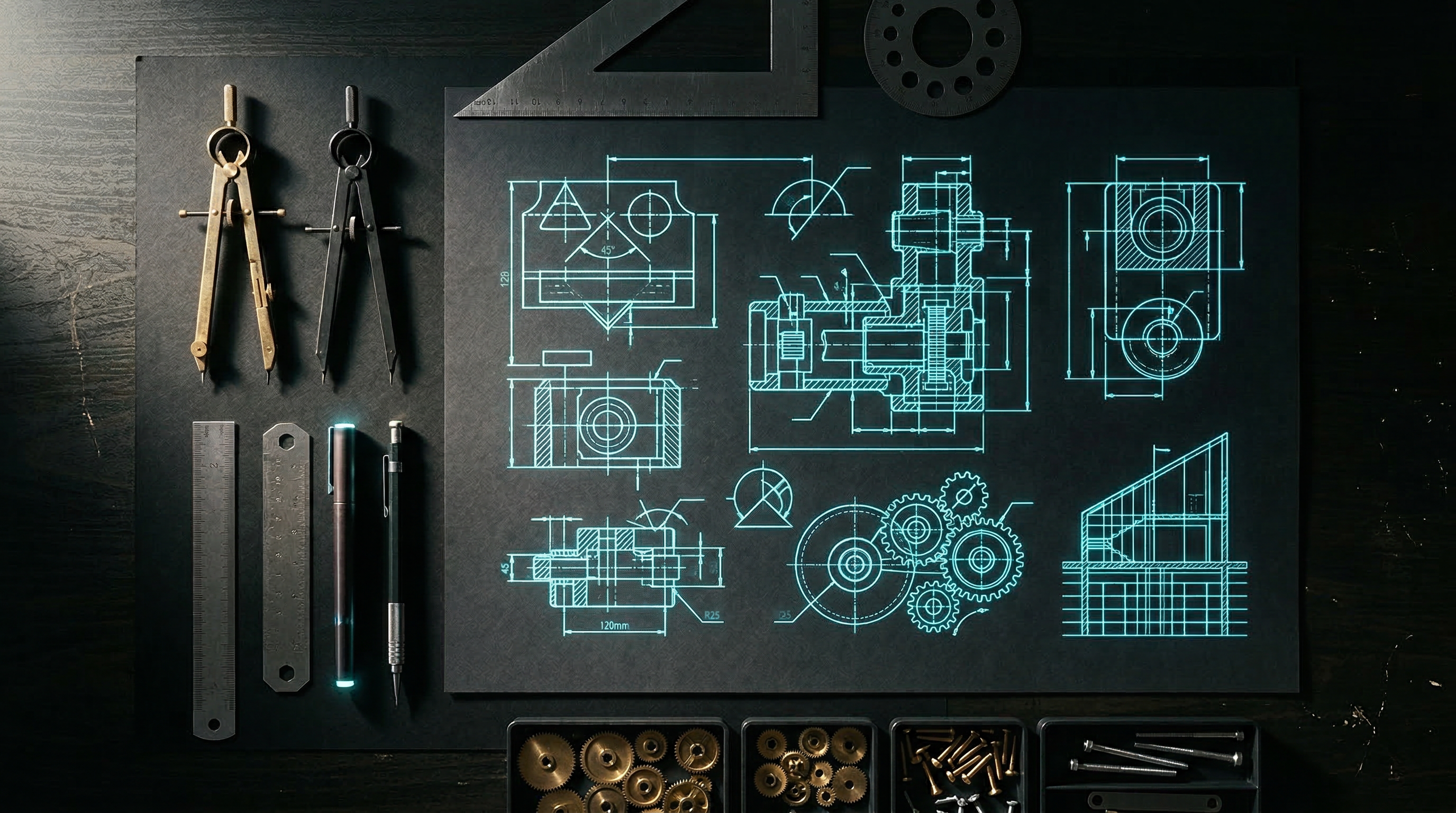 Technical blueprint-style diagrams on dark surface with precision instruments